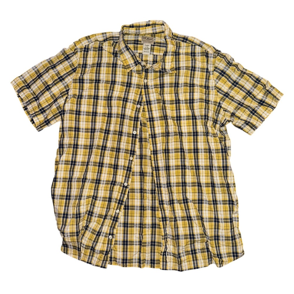 LL Bean Mens XL Tall Yellow Plaid Organic‎ Cotton Short Sleeve Shirt 510607